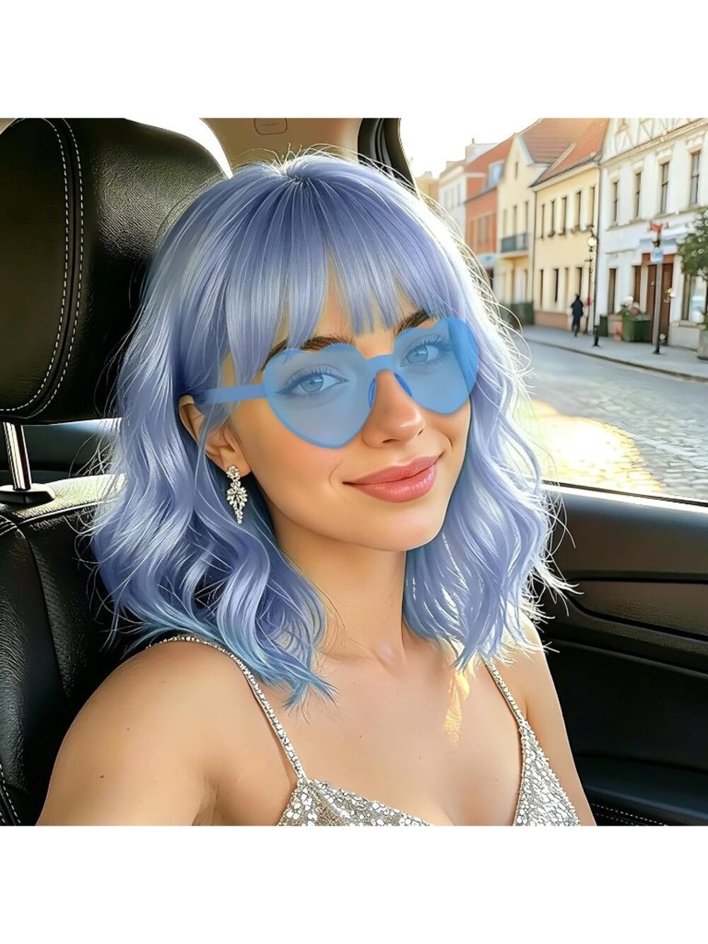 Women's Light Blue Curly Bob Synthetic Wigs Bangs With Neon Heart Sunglasses